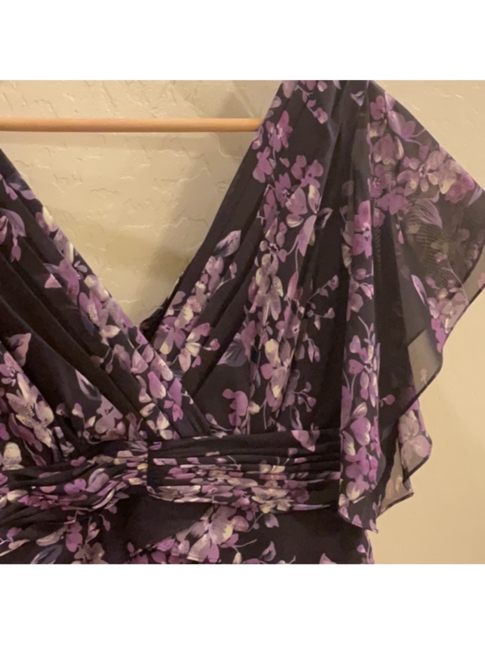 Arianna Flutter Sleeve Floral Wrap Midi Dress in Black and Purple - Picture 2 of 4